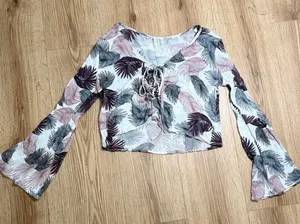 Y2K Tropical Palm Print Lace Up Crop Top‎ White Bell Sleeve Y2K Small thumbnail 1