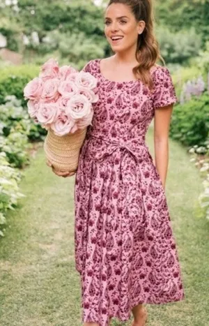 GAL MEETS GLAM Hallie Dress Paisley Floral Pink Purple Box Pleats Pockets Size 8 thumbnail 1