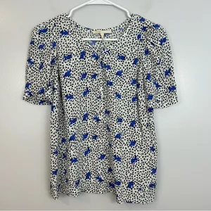 MAJE Lensam Floral Leaf Blue/White V-neck Short Puff Shoulder Blouse Size Small thumbnail 2