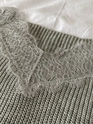 SheIn Grey Ribbed Sweater With Lace Neckline Detail thumbnail 4