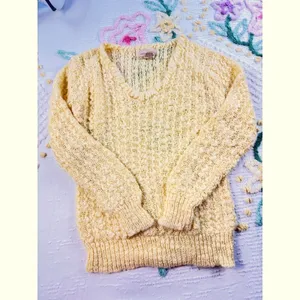 Mister Noah Vintage Yellow V-Neck Textured Knit Sweater Cozy Retro Pullover M thumbnail 5