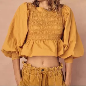 Free People Whoa Smocked Top M Mustard Yellow Poplin Puff Sleeve Peplum Blouse thumbnail 1