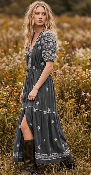 Free People Bohemian Witchy Riley Embroidered Midi Maxi Dress Duster Grey Medium thumbnail 1