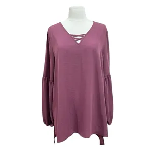 Maurices Mauve Pink Lantern Sleeve Lattice Neck Blouse Size Large thumbnail 2