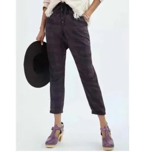 Anthropologie Plaid Button Fly Jogger Pants Womens XS Purple Black‎ Linen Blend thumbnail 10