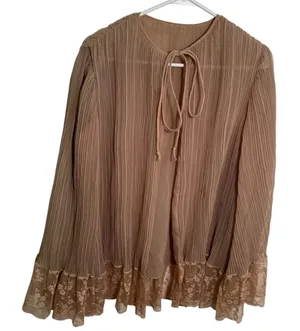 Women's‎ Pleated Blouse Long Sleeve Tan Brown Lace Hem Reversible Tie Closure thumbnail 1