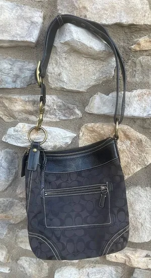 Coach #10403 purse black signature logo jacquard bronze hardware thumbnail 1