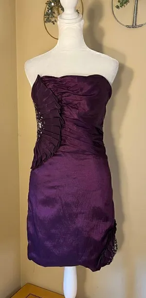 Nox Anabel Purple Pleated Rhinestone Sequin Beaded Strapless Party Mini Dress XS thumbnail 1
