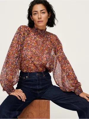 Mango Sheer Floral High-Neck Balloon Sleeve Blouse Size 8 thumbnail 1