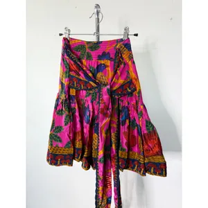 Farm Rio Mini Skirt Pink Tropical Bird Mushroom Print Wrap Tie Tiered Ruffle M thumbnail 3