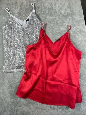 2 Express Red Silver sequin Satin V-Neck Cami Tops L XL Rhinestone-Strap Accent thumbnail 1