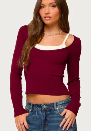 NEW! Edikted Cecile Layered Long Sleeve Top Maroon Size Medium thumbnail 1