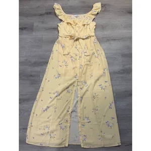 IRIS Yellow Floral Ruffle Maxi Dress Cottagecore Boho Button Front Tie Waist L thumbnail 6