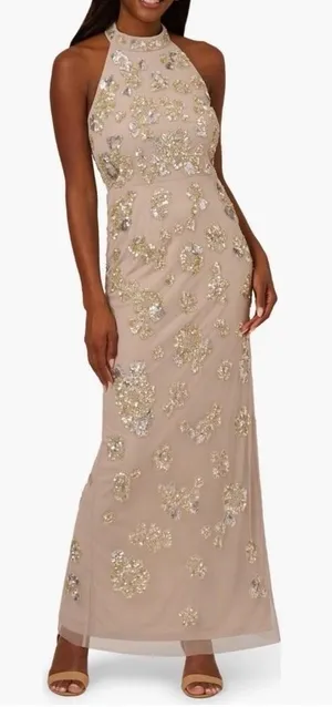 Adrianna Papell Sequin Floral High Neck Column Gown, Size 8, Marble/Mauve,‎ NWT thumbnail 1