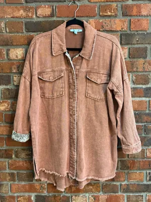 She + Sky womens snake print cuffs raw hem denim shacket burnt orange S thumbnail 1