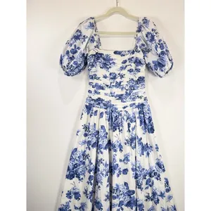 Abercrombie Fitch Midi Dress Blue Emerson Poplin Floral Puffed Pleated Boho XS thumbnail 5