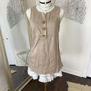 NWOT Tan Nude Linen & Cotton Sleeveless Button Up Tank Top Blouse S Aumora thumbnail 2