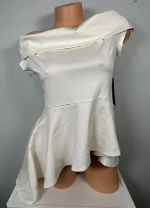 NWT LULUS Large Off Shoulder Short Sleeve Asymmetric Peplum Top White Zip Womens thumbnail 1