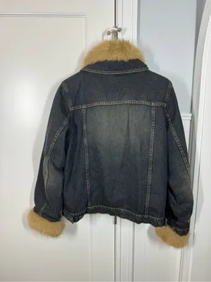VTG Y2k Denim Jean Coat Womens M Chunky Fur 90s Bratz Retro Lizzy McGuire Boho thumbnail 5