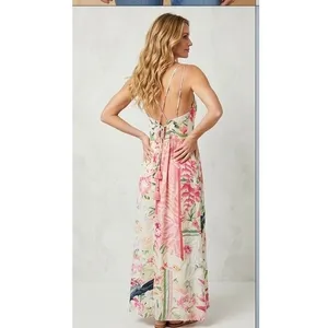 Maaji Maxi Dress Womens Small Multicolor Floral Tropical Boho‎ Bird Print Slit thumbnail 2