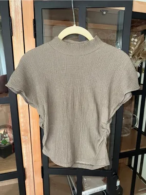 Zara ruched top textured gathered mock neck short sleeve neutral taupe thumbnail 4
