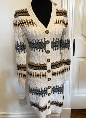 Lucky Brand Fair Isle Nordic Stripe Button Front Sweater Dress Cream NEW thumbnail 2