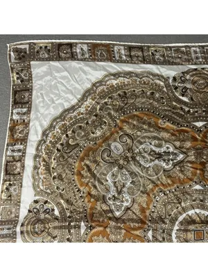 Vintage Square Mandala Pattern Silky Scarf in Cream and Brown Boho Medallion thumbnail 3