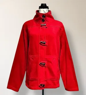 Dressbarn L Red Fleece Toggle Button Jacket Mock Neck Pockets‎ Cozy Outerwear thumbnail 1