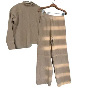 Qoza Boutique SET Cozy Knit Sweater Wide-Leg Pants Taupe Womens M 6-8 thumbnail 3