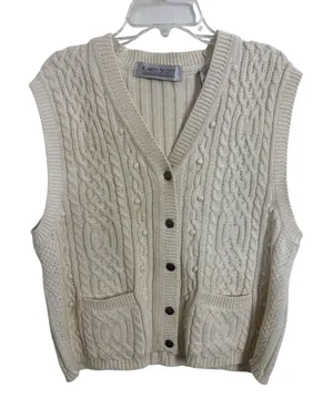 Karen Scott Vtg 90s Neutral Cable Knit Button Sweater Vest Fisherman Cottage Grandpa M Ramie thumbnail 1