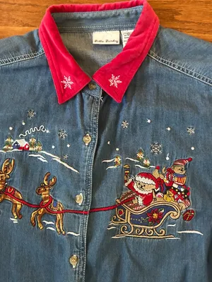 Y2K Bobbie Brooks Santa Reindeer Embroidered Denim Button-Down Shirt Size Large thumbnail 4