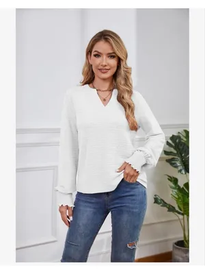 NEW White Long Sleeve Plisse V Neck Career Blouse Shirt L thumbnail 5