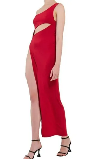 KikiRiki One Shoulder Cutout High Slit Maxi Dress Red Size Small NWT thumbnail 3