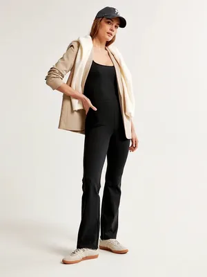 A&F Women's Ponte Unitard Flare Jumpsuit in Black thumbnail 3