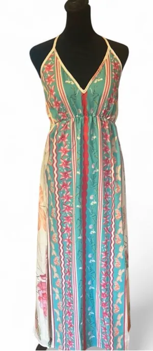 Multicolor Floral, Halter Maxi Dress, Tie Closure, Size S thumbnail 1