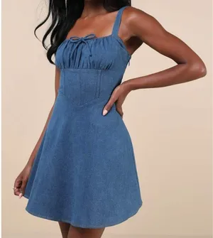 NEW Lulus Considered Charisma Blue Chambray Bustier Corset Style Mini Dress thumbnail 1