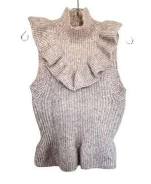 Zara Ivory Blush Pink Heather Ruffled Mock Turtleneck Rib Knit Pullover Sweater thumbnail 1