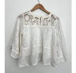 Champagne & Strawberry Floral Blouse Boho Sheer Flowy Lace Top Bell Sleeves L thumbnail 4