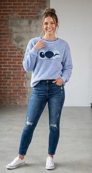 Disney Stitch Womens Size Medium Sweatshirt Faux Fur Fleece Sleepwear Top Lounge thumbnail 1