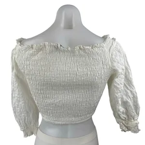 Zara Women's White Smocked Ruffle V Neck Half Sleeve Blouse Crop Top Size S thumbnail 2