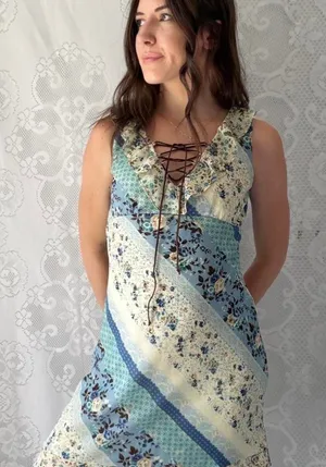 Vintage Breakin Loose Blue Patchwork Floral Midi Dress Cottagecore Y2K thumbnail 1