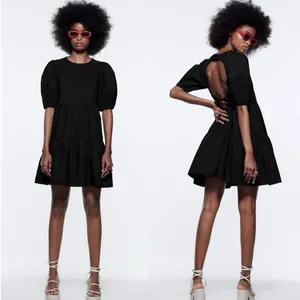 Zara Black Puff Sleeve Open Back Cocktail A Line Tiered Mini Dress Size XS thumbnail 2
