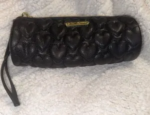 Betsey‎ Johnson Black Quilted Heart Cosmetic Pouch with Wrist Strap thumbnail 1