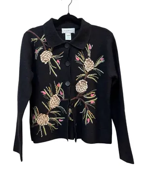 Susan Bristol Women Embroidered Cardigan Sweater Size Medium 100% Wool‎ 90's Y2K thumbnail 1