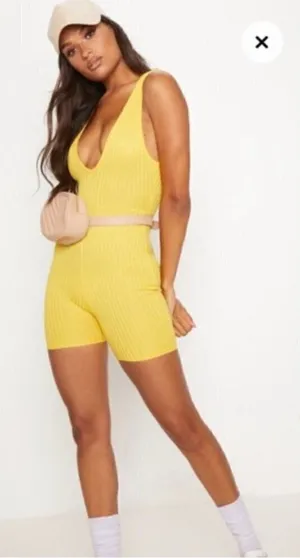 PrettyLittleThing Women's Size 8 Ribbed Tank Top Unitard‎ Yellow V-Neck V-Back thumbnail 1