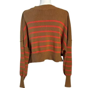 Free People Easy Street Stripe Crop Pullover Sweater Brown Orange Medium thumbnail 8