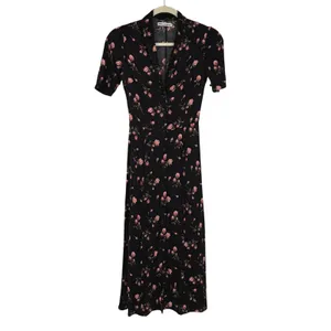 Reformation‎ Rocki Floral Print Shirtdress Women's 0 Black Rose Midi Dress thumbnail 2