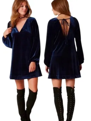 Free People Blue Velvet V-neck Long Balloon Sleeve Shift A-line Mini Dress Small thumbnail 2