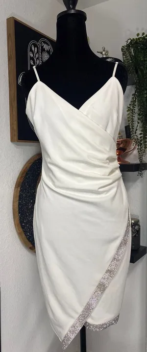 Emerald Sundae white rhinestone asymmetrical trim mini bodycon wrap dress XL thumbnail 1