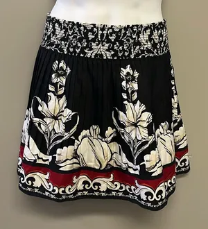 White House Black Market Black Floral Lined Pleated Elastic Waist Skirt- Medium thumbnail 1